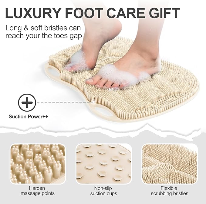 XL Shower Foot Scrubber Mat, Silicone Feet Massage Scrubber in Shower Clean Foot Toes Pad without Bending Non-slip Suction Cups Blood Circulation Exfoliate Smooth Achy Relief 17.4*13.4" Beige
