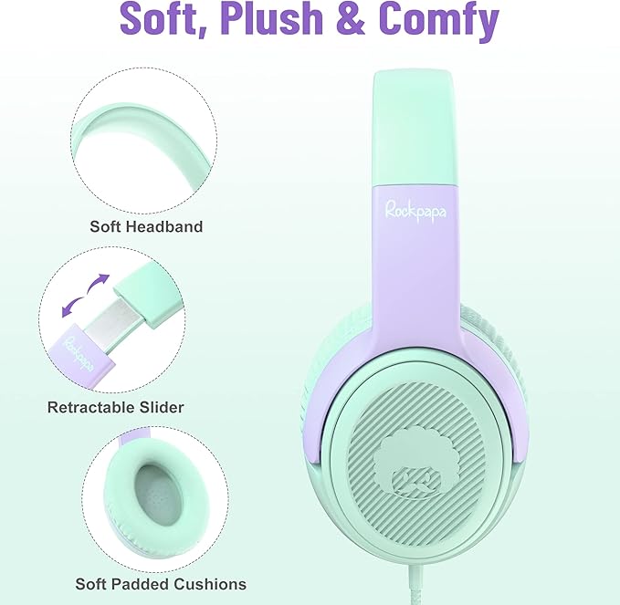 rockpapa Share 1 Kids Headphones Wired with Microphone & Share Port, 85dB/94dB Volume Limited, Cute Foldable Student Child Boys Girls Headphones for School/Classroom/Travel Green/Purple