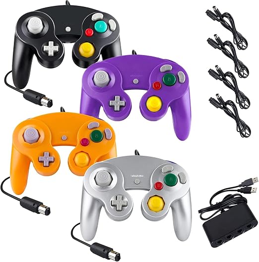 Burcica 4PCS Controllers for Gamecube, with 4 Extension Cables and 4-Port USB Adapter for Switch PC Wii U Console