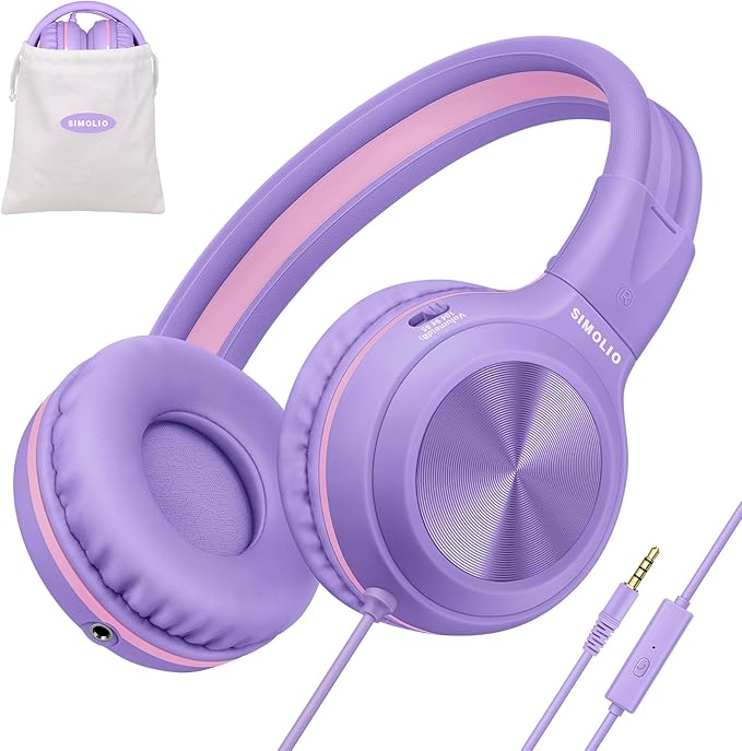SIMOLIO Wired Headphones for Kids, Girls School Headphone with Microphone & Safe Volume Limiter & Share Port, Foldable Adjustable Over Ear Headsets for Tablet Travel Teens Smartphone (Purple)
