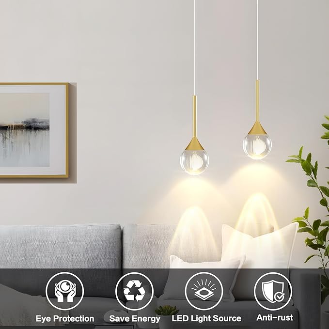 Modern Raindrop Chandelier - Brass Gold Finish Globe Ceiling Hanging Fixture 3 Color Temperature LED Pendant Light with Remote , 4W Teardrop Chandelier for Kitchen Island, Dining Room, Bar (1- light)