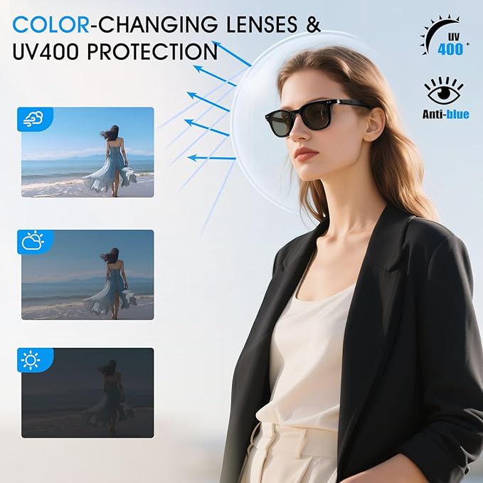 AI Smart Glasses for Men & Women, 140+ Languages AI Translation Glasseswith Open-Ear Stereo Speakers, Indoor/Outdoor Auto-tinting Smart Sunglasses | UV400 Protection & Anti-Blue AI Glasses
