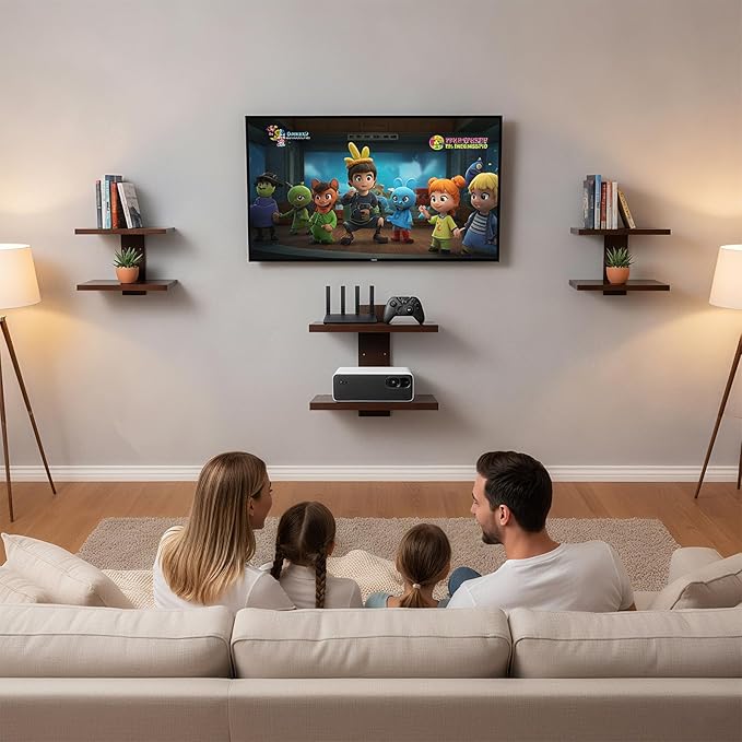 2PCS Floating TV Shelf, Projector Wall Mount Holds Up to 22lbs, Wooden Float Book Shelves Projector Shelf for Wall DVD Players, Living Room Decor,Game Consoles Bed Room,4 Shelves