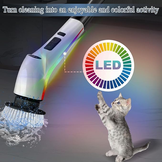 Electric Spin Scrubber Cordless,Lucklights Cleaning Brush Power Shower 7 Brush Heads 3 Speeds 120Mins Work Time Adjustable Extension Arm for Bathroom Tub Kitchen Floor Car