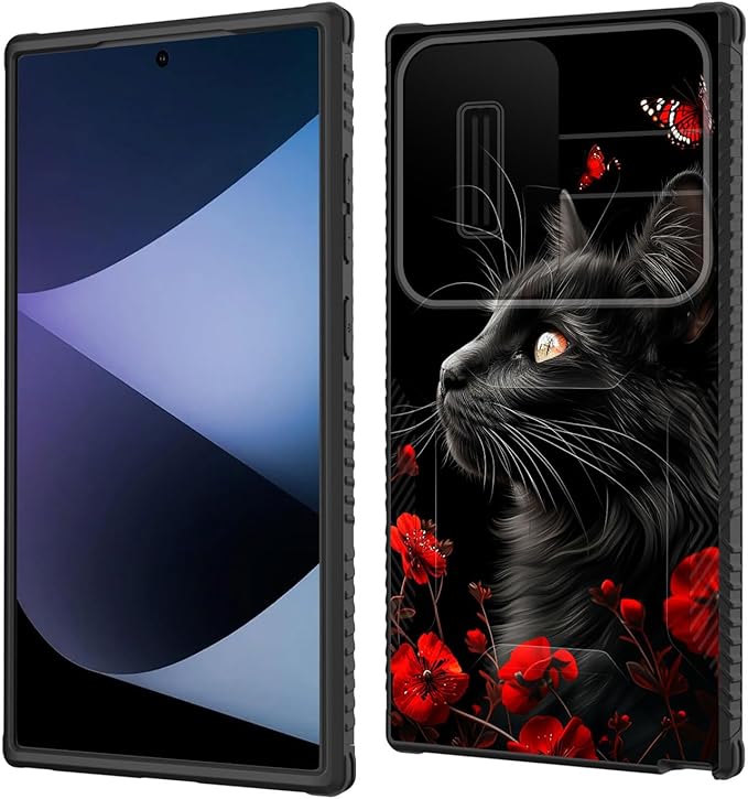 for Galaxy S26 Ultra Case Built in Slide Camera Lens Cover,Heavy Duty Shockproof Protection Dual Layer Case for Samsung Galaxy S26 Ultra 6.9" 2026,Black Cat Flowers and Butterflies