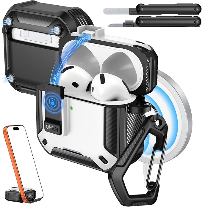MoKo for AirPods 4 Case with Lock 2024 - Compatible with MagSafe, Phone Stand & Auto Pop-up for AirPods 4th Generation Case, Military-Grade Protective Cover with Cleaner Kit, White+Black