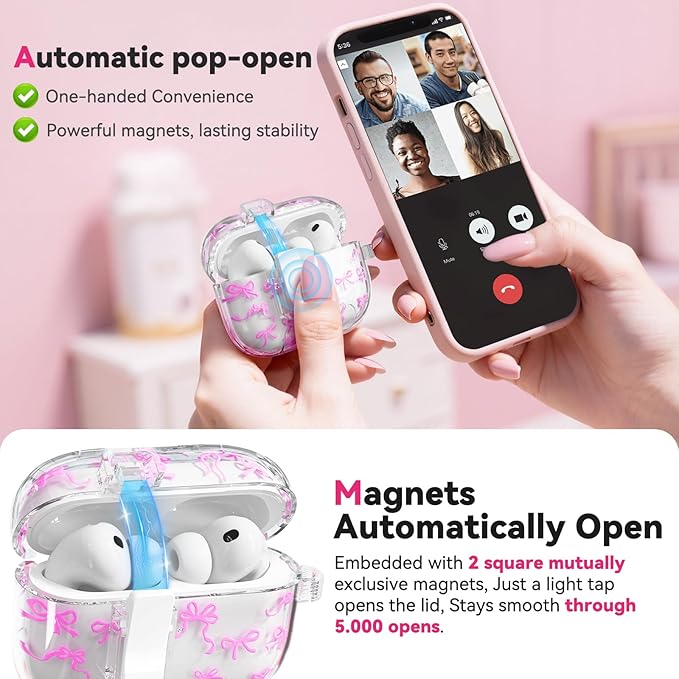 for AirPods Pro 3 Case with Secure Lock & Phone Stand, Bow-Print Clear Case for Apple AirPods Pro 3rd Generation 2025 Cover with Cleaner Keychain for Women Girly (Rose Red, Airpods Pro 3 (2025))