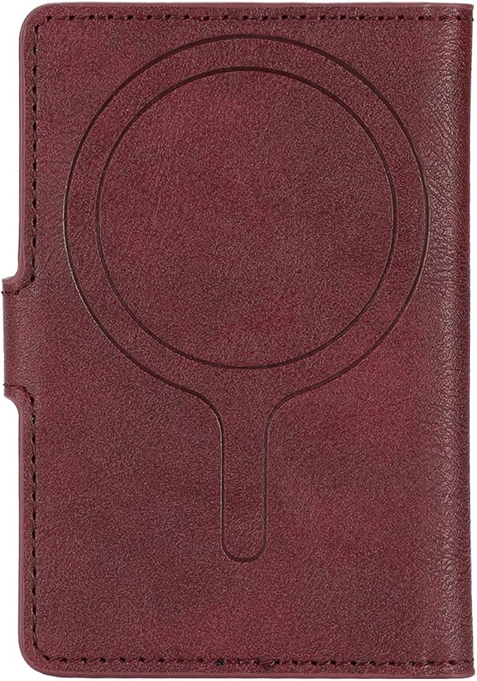 Ultra-Thin Magnetic Wallet Card Holder for iPhone and All MagSafe Protective Cases，Premium PU leather, powerful magnetic closure, stand function, 6 card slots (burgundy)