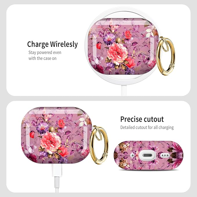 Cute Hard Case Compatible with AirPods Pro 3rd Generation Case (2025), Shockproof Protective Cover with Golden Keychain Ring Clip (Pink Flower)