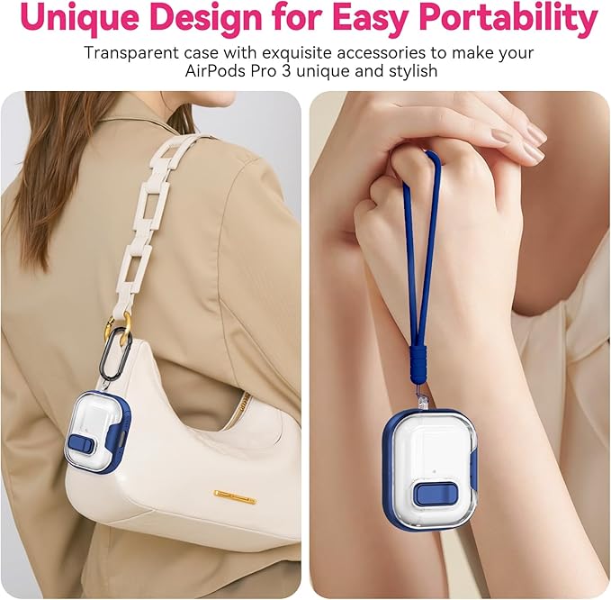 for Airpods Pro 3 Case 2025, Anti-Yellowing Clear Case for Airpods Pro 3 with Secure Lock & Phone Stand, Soft TPU Drop Protection Cover with Cleaning Kit (Navy Blue)