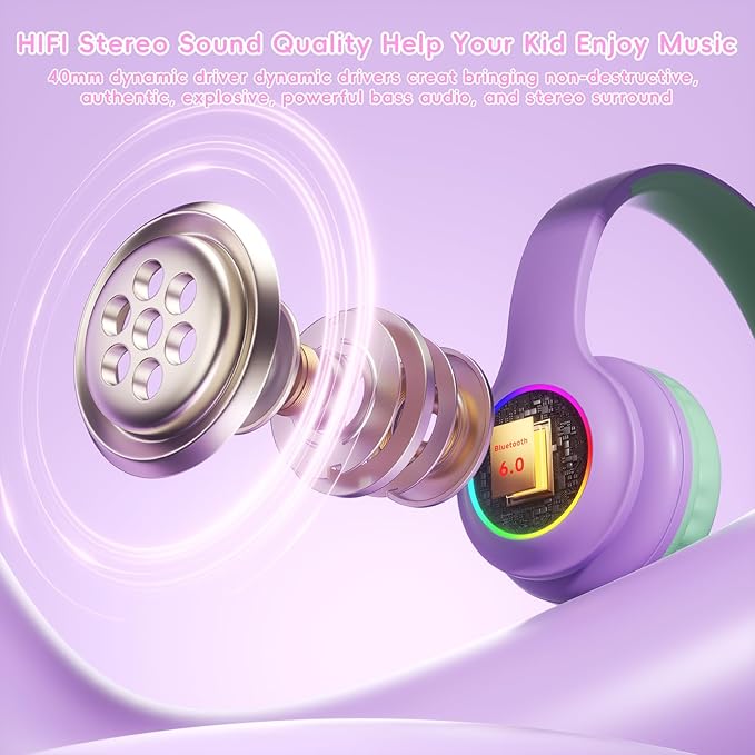 Kids Bluetooth Headphones with LED Light, 45Hours Playtimes, 85/94dB Volume Limited, Bluetooth 5.4, Wireless Headphones for Kids with Built-in Mic, Wired & TF Card Mode,Green and Purple