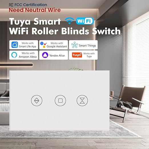 Smart Roller Shutter Switch Neutral Wire Required,2.4GHz WiFi Roller Shutter Switch with Remote Voice Control, Tempered Glass Panel, Work with Alexa and Google Home, White WiFi-Roller Shutter
