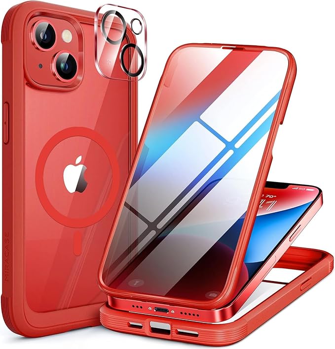 Miracase Glass Series Designed for iPhone 14 Plus Case 6.7 inch, 2023 Upgrade Full-Body Magnetic Clear Case with Built-in 9H Tempered Glass Screen Protector,Compatible with MagSafe, Red