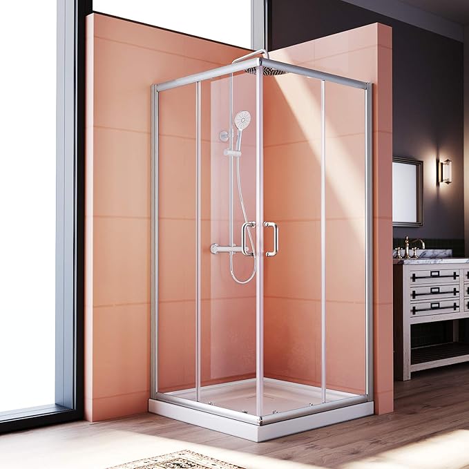 ELEGANT Corner Shower Enclosure 34'' D. x 34'' W. x 72'' H., Double Sliding Shower Door with 2 Stationary Panels, Shower Enclosure with 1/4'' Clear Glass, Brushed Nickel (Shower Base Not Included)