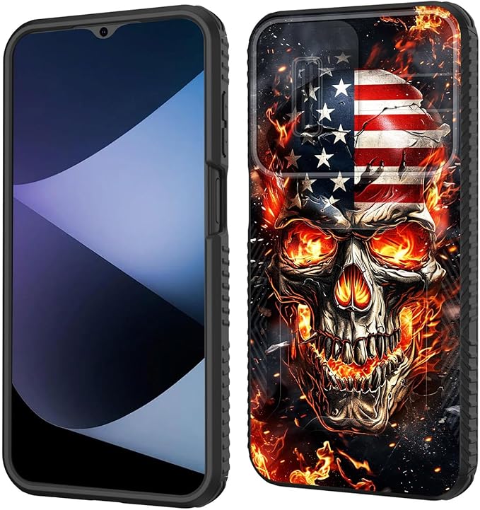 for Galaxy A16 5G Case Built in Slide Camera Lens Cover,Heavy Duty Shockproof Protection Dual Layer Case for Samsung Galaxy A16 5G 6.7" 2024,American Flag Flame Skull
