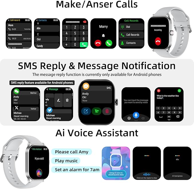 Smart Watch with Built-in GPS, 1.96" HD Display, Answer/Make Calls, 100+ Sport Modes, Heart Rate/Sleep/SpO2 Monitor, Fitness Activity Tracker for Android and iPhone, for women men (Gray, 1.96")