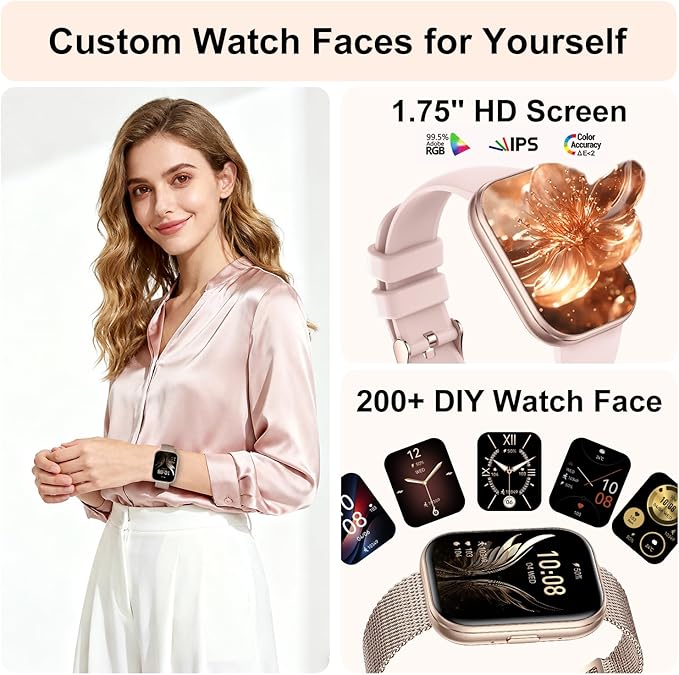 Smart Watches for Women Men, 1.75" HD Screen Smartwatch Answer/Make Calls, Fitness Activity Tracker with Heart Rate SpO2 Sleep Monitor, 120+ Sports Modes, IP68 Waterproof (Rose Gold)