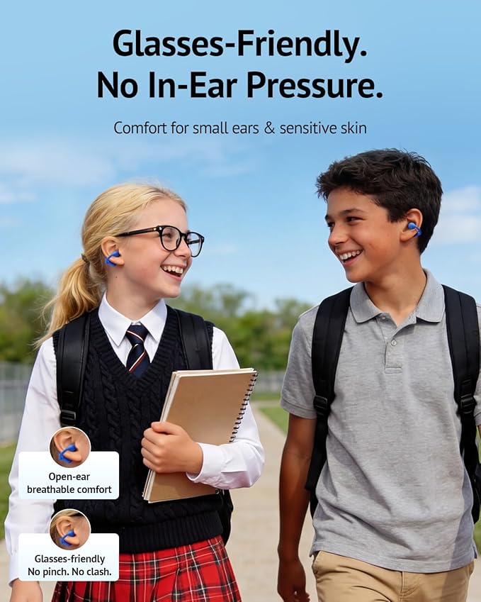 FOYCOY Kids Open Ear Earbuds - Clip-On Earbuds - 85 dB Volume Limit - Bluetooth 6.0, Built-in Mic, 40H Playtime, Silicone Pads, IPX5, Small Ears and Glasses Friendly, Ages 6-14, Blue