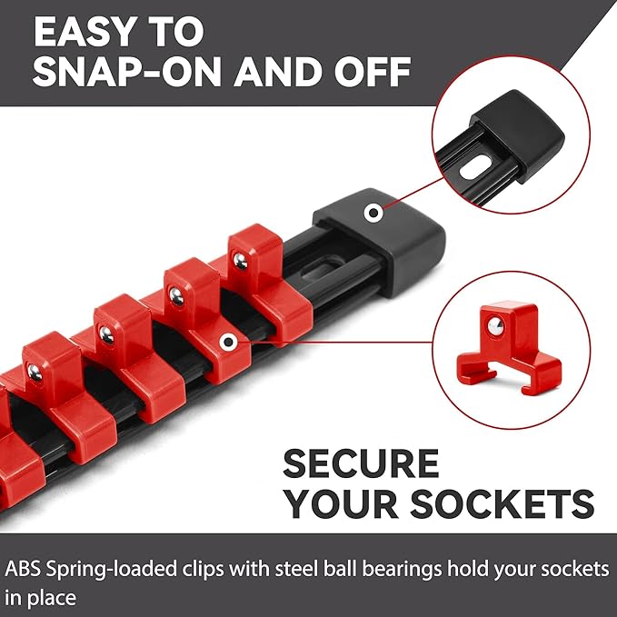 ALOANES 18PC ABS Socket Organizer, Socket Rails Fit 1/2 inch, 3/8 inch and 1/4 inch Drive, toHeavy Duty Socket Holders Hold up to 258 Sockets, Black Rails with Red Clips
