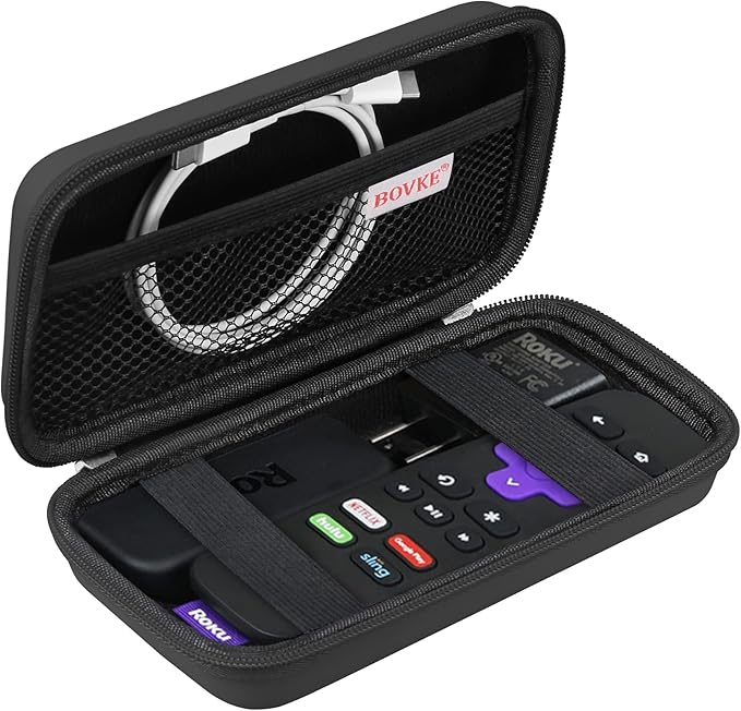 BOVKE Hard Case for Roku Voice Remote Controller, Roku Streaming Stick+ / 4K, Roku Remote Case for Roku TV Steaming Stick 3820R/ 3821R/3941R, Extra Mesh Pocket for Adapters, Cables, Black+Black