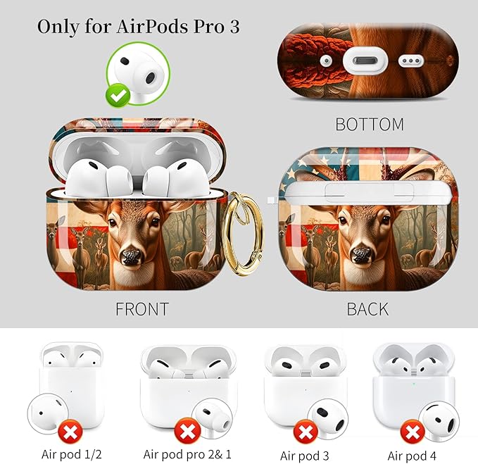 Case for AirPod Pro 3 Shock-Proof Protective Hard Case with Golden Keychain Compatible with Apple Airpods Pro 3rd Generation 2025 (American Flag Deer Forest)