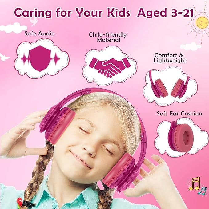2024 Bluetooth Kids Headphones Fit for Aged 3-21, Colorful LED Lights Comfort Wireless Headphones with Microphone 94dB Volume Limited for School/iPad/PC/TV/Cellphones, Wired & TF Card Mode, Hot Red