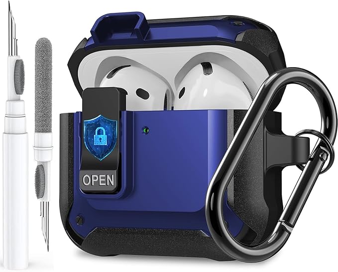 for Airpods 4 Case with Lock Clid, Rugged Apple Airpods 4th Generation Cover 2024 Men Women, Armor Shockproof iPod 4 Gen Protective Hard Shell with Carabiner&Cleaner kit, Black/Blue