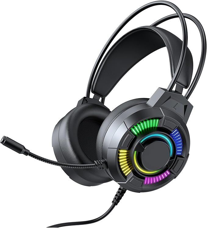USB Wired Gaming Headset, RGB Lighting Gaming Headphones, 7.1 Surround Sound Headset with 50mm Drivers & Over Ear Comfort, Ideal for PC, Lightweight