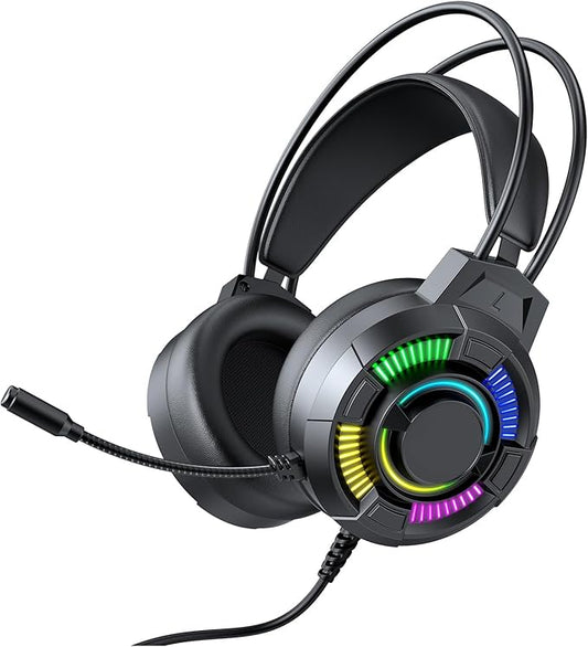 USB Wired Gaming Headset, RGB Lighting Gaming Headphones with 7.1 Surround Sound, 50mm Drivers, Over Ear Comfort, Lightweight, for PC