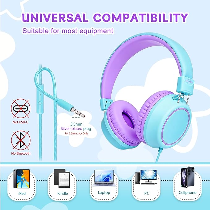 Olyre Kids Headphones, Toddler Headphones with Cord for School Plane Travel, Lightweight Stereo Wired Children Earphones with HD Microphone for Boys Girls for PC Cellphone Tablet(Icy Mint Blue/Purple)