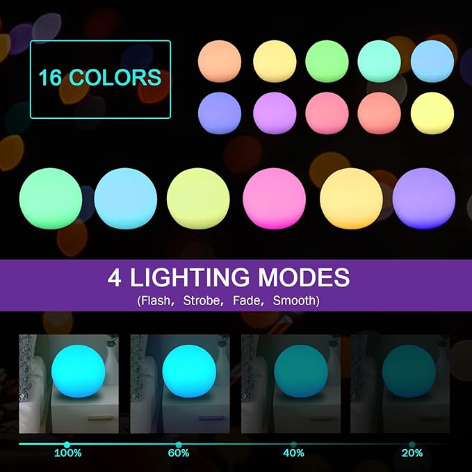4-Pack 3-Inch Rechargeable LED Orb Lights – 16 Color Glow Spheres, 4 Modes, Waterproof Ambient Lighting Balls, Glowing Orbs for Indoor, Outdoor, Pool, Room, and Patio Decor