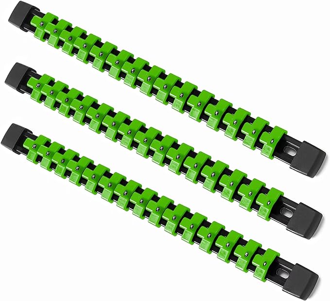 ALOANES 3PC ABS Socket Organizer, Socket Rails Fit 3/8 inch Drive, Heavy Duty Socket Holders Hold up to 45 Sockets, With Black Rails and Green Clips