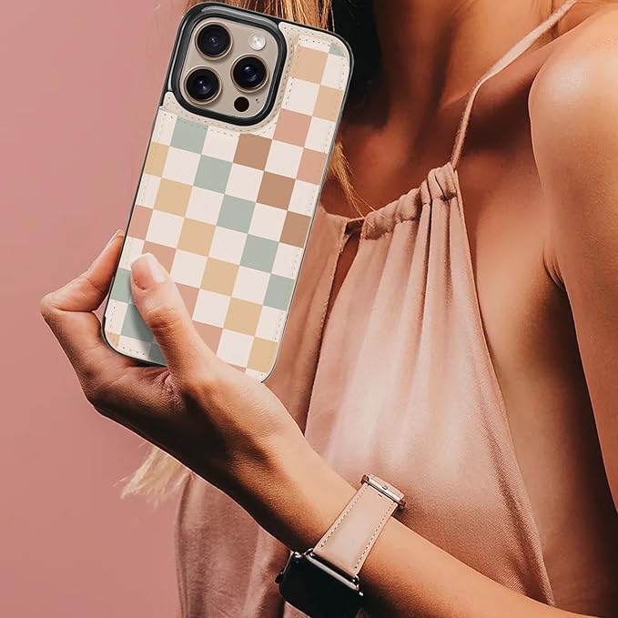 uCOLOR for iPhone 14 Pro 6.1" Wallet Case Magsafe with Card Holder Slot【Compatible with MagSafe】 Folio Flip PU Leather Double Magnetic RFID Design (Pastel Check Vibes)