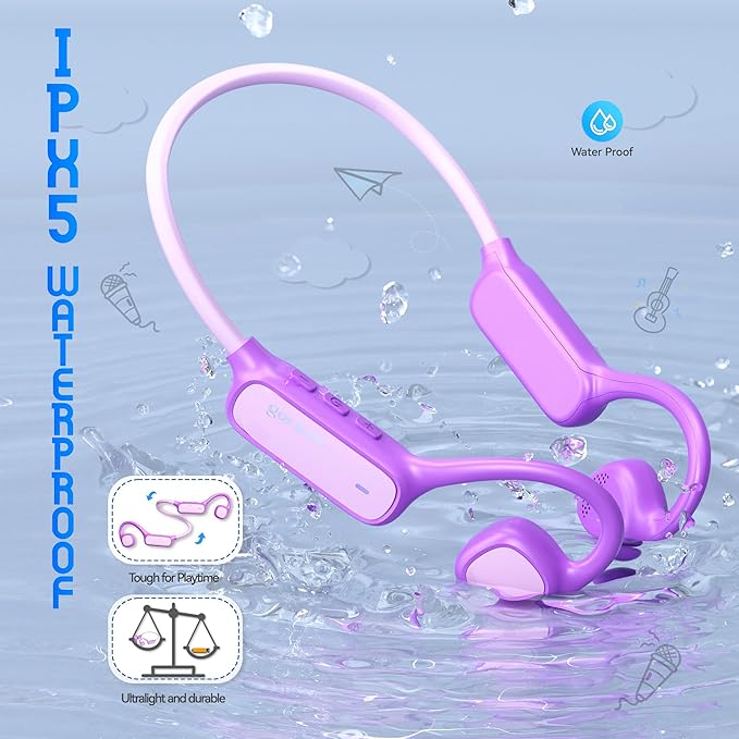 Kids Bluetooth Headphones, Wireless Kids Earbuds with 85dB Volume Limit, Bluetooth5.3, Air Conduction Open-Ear Headphones, 20-Hour Playtime, with Built-in Mic for Toddlers, Boys and Girls (Purple)