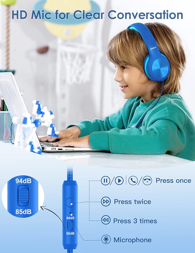 Kids Headphones with Cord, Over-Ear Headphones for Kids with Microphone, 85/94dB Volume Limit, Headset for Kid Boys Girls with Shareport, Wired Toddler Headphone for School/Tablet/iPad/Travel