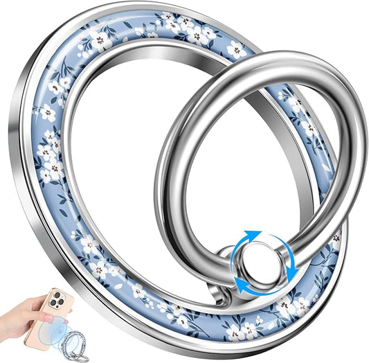 Magnetic Phone Ring Holder Compatible with MagSafe - Cell Phone Grip Magnet Removable Finger Ring Grip Stand Cute Kawaii Design for iPhone 17 Pro Max 16 15 14 13 12 Series Blue Little Flower
