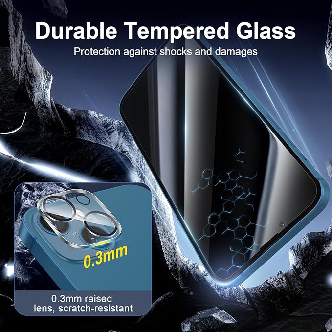 NEW'C 3x Privacy for iPhone 13 Screen Protector (6.1 inches)+ 3x Camera Lens Protector, Sensor Protection, Case Friendly Tempered Glass Film + Dust Plug- Enhanced Privacy Angle of 28 Degrees