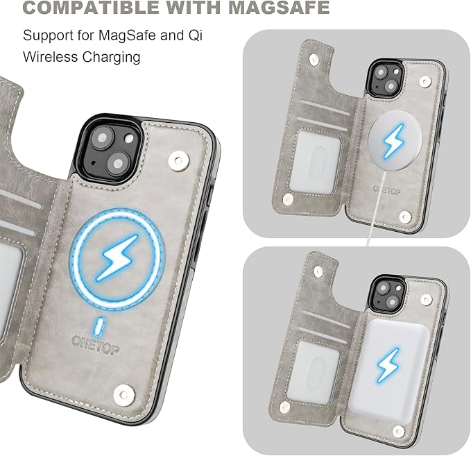 ONETOP Compatible with Magsafe for iPhone 13 Wallet Case with Card Holder, PU Leather Kickstand RFID Blocking Case, Double Magnetic Clasp and Durable Shockproof Cover 6.1 Inch (Grey)