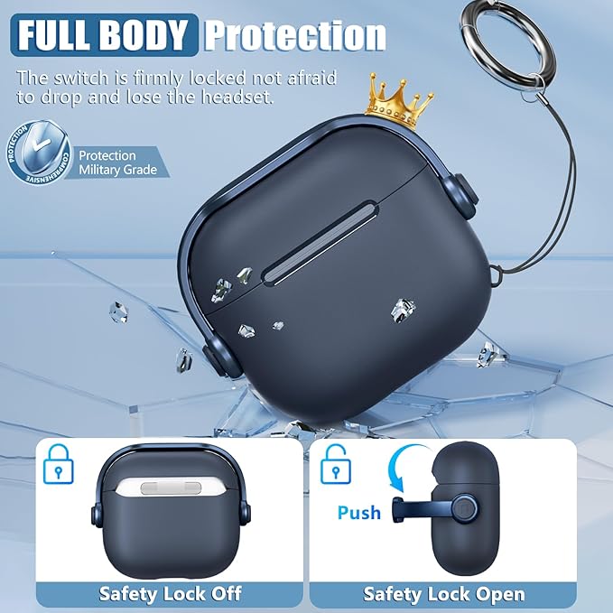 AirPods 4 Case 2024 USB-C with Cleaner Kit, Drop Protection, Safety Lock Design, Blue, Case for Men with Lock and Keychain, Secure Use, Protect AirPods, Emergency Phone Holder