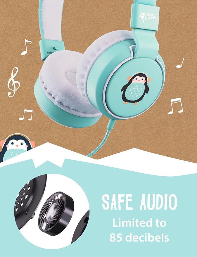 Planet Buddies Penguin Kids Headphones Wired, On Ear Headphones for Todler, 85db Volume Limited, Safe Foldable Earphones for Kids with Microphone, Childrens Headset for School/Tablet/Travel - Blue