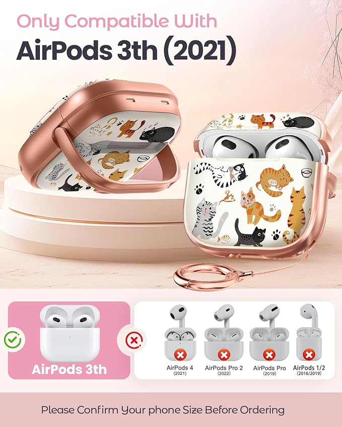 Coralogo for AirPods 3rd Case with Safety Lock - Cute Cartoon for AirPods 3rd Generation for Women Girls Fashion Stylish Cats Pattern Design Kawaii Girly Girlish Hard Protective Cover