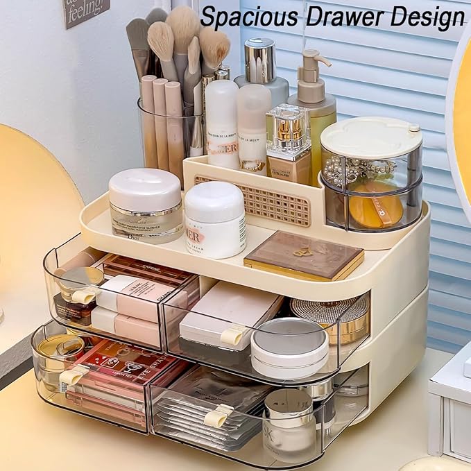 Large Rotating Makeup Organizer with Drawers, 3 Tier Skincare Storage Tower for Vanity, Bathroom Countertop Cosmetic Display Case with Brush Holder & Handle