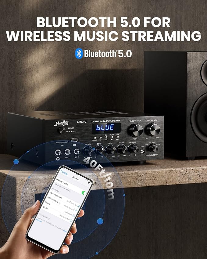 Moukey Stereo Receivers with Bluetooth 5.0, 2.0 Channel Power Audio Amplifier Stereo System w/USB, SD, AUX, RCA, MIC in w/Echo, LED for Karaoke, Home Theater Speakers, 400W Peak, 25W× 2 RMS- MAMP1
