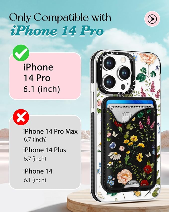 Toycamp for iPhone 14 Pro Case - Compatible with Magsafe Credit Card Holder Wallet Magnetic Cute Women Teen Girls Kawaii Girly Unique Flower Floral Design Phone Cover for iPhone 14 Pro