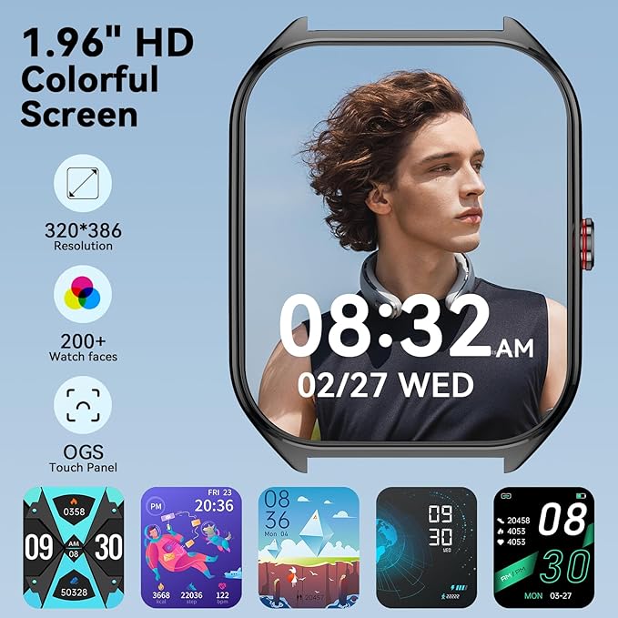 AI Smart Watch for Men Women, 1000mAh Fitness Tracker 60-Day Standby Time, 1.96" HD SmartWatch with 200+ Sport Modes/Heart Rate/Sleep Monitor, IP68 Waterproof Pedometer for Android iOS
