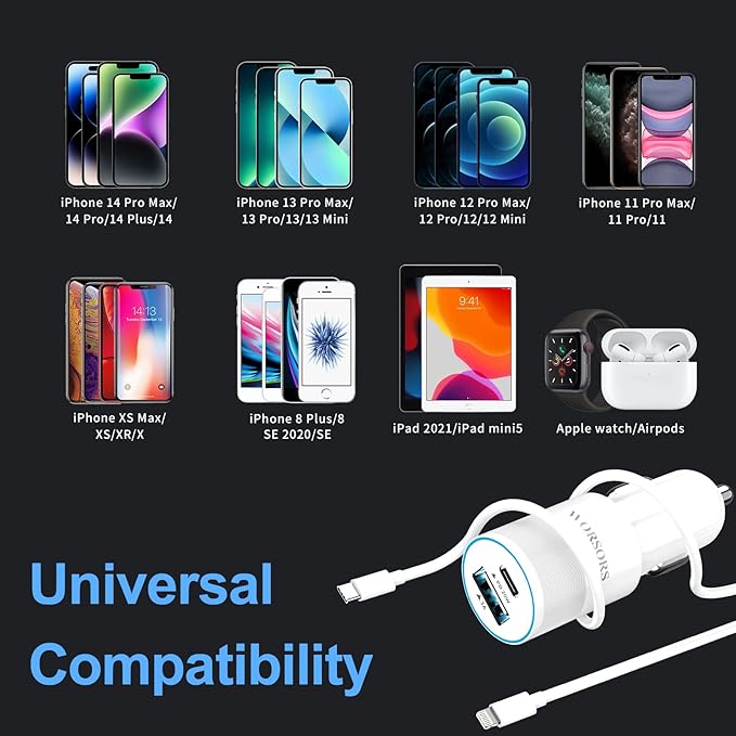 35W USB C Fast Car Charger [Apple MFi Certified] for iPhone 14 Pro/14 Pro Max/14+, iPhone 13/12/11/Mini/XS/XR/8/SE, iPad, 20W PD3.0 Rapid Charging Adapter + 3Ft Type C to Lightning Cable Cord - White