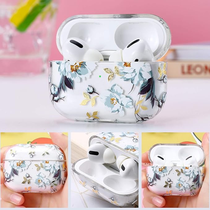 Compatible with Apple Airpods Pro Case for Women, Clear with Designs Patterns Airpods Pro Hard Case PC Shockproof [Front LED Visible ] Anti-Fall Full Protector Cover, Gardenia