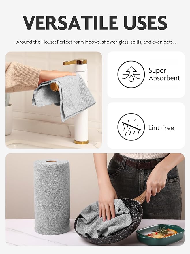 Fantasticlean Microfiber Cleaning Cloth Roll -60 Pack, Tear Away Microfiber Towels, 12" x 12", Reusable, Washable, Scratch Free, Ultra Absorbent for Car, Home Supplies (Grey & DimGrey)