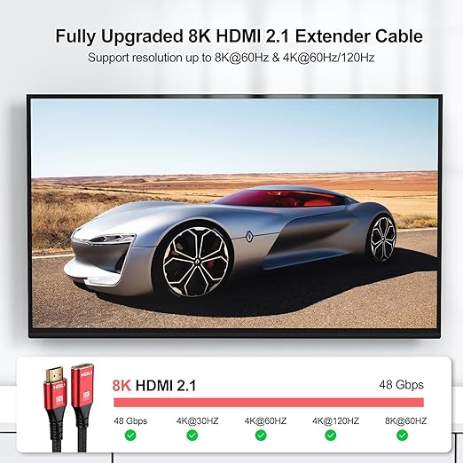 8K HDMI Extension Cable 3.3FT HDMI Extender 2.1, HDMI Male to Female Adapter Extension Cord 8K@60Hz, 4K@120Hz, 2K, 3D, HDR Compatible with Roku TV Stick, HDTV, PS5/PS4, Laptop, Monitor, Projector, PC
