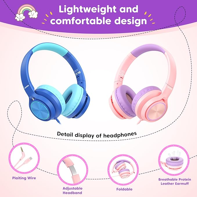 Kids Headphones with 3.5mm & USB C Wired Headphones, USB C Headphones Kids for School, Lightweight On-Ear Headphones Built-in Mic & Safe Volume Limited for classroom/Girls/Boys/Travel/Tablets(Pink)